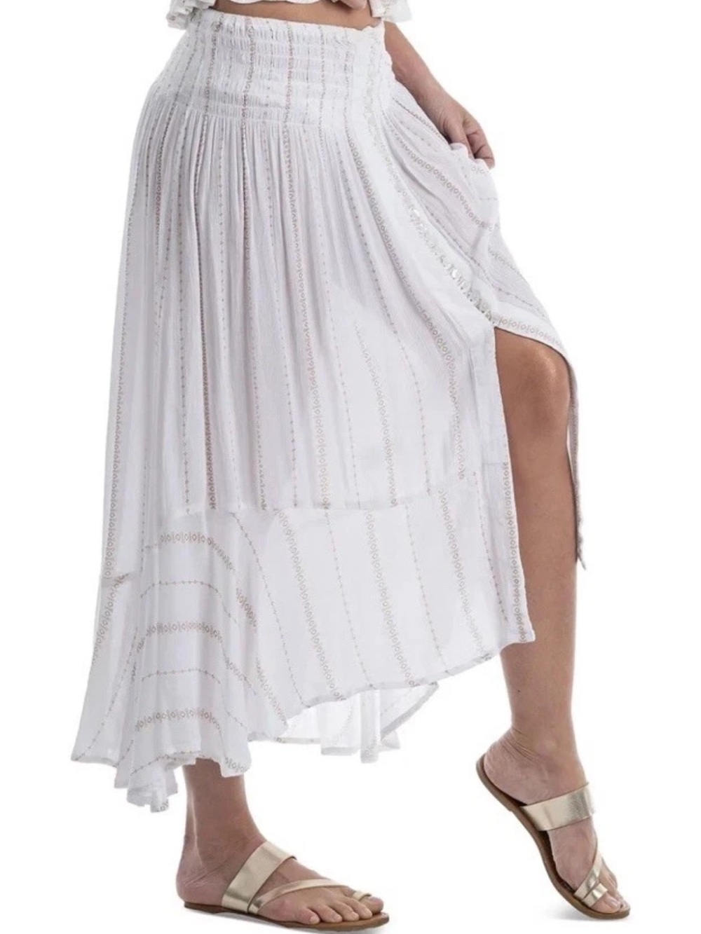 Dotti NWT L Boho CREAM GOLD SOFT RAYON buttons split flare Maxi Skirt (2 SPECS)